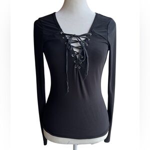 VTG CONTEMPO CASUALS Y2K Lace Up Long Sleeved Black 2000s Top Whimsigoth Stretch